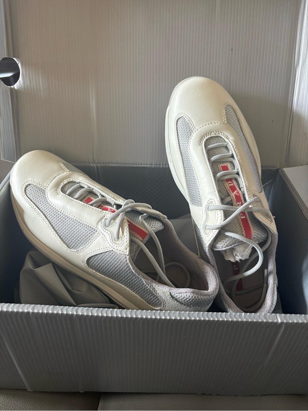 Prada White & Light Gray Low-Top Mesh and Leather Sneakers with Red Tongue Logo